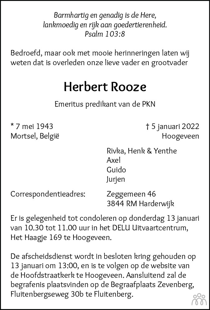 Overlijdensbericht van Herbert Rooze in Hoogeveensche Courant