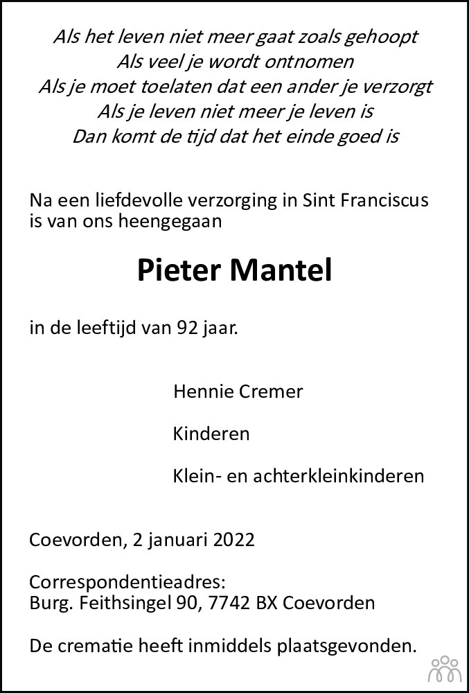 Overlijdensbericht van Pieter Mantel in Coevorden Huis aan Huis