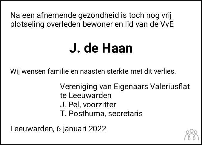 Overlijdensbericht van J. de Haan in Leeuwarder Courant