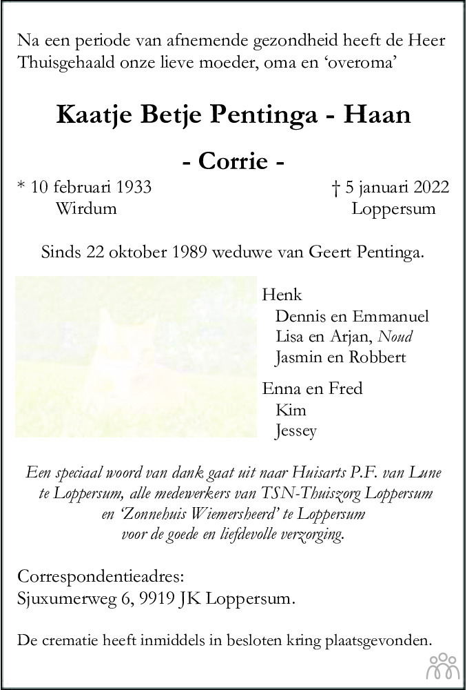 Overlijdensbericht van Kaatje Betje (Corrie) Pentinga-Haan in Dagblad van het Noorden
