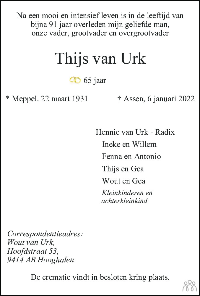 Overlijdensbericht van Thijs van Urk in Dagblad van het Noorden