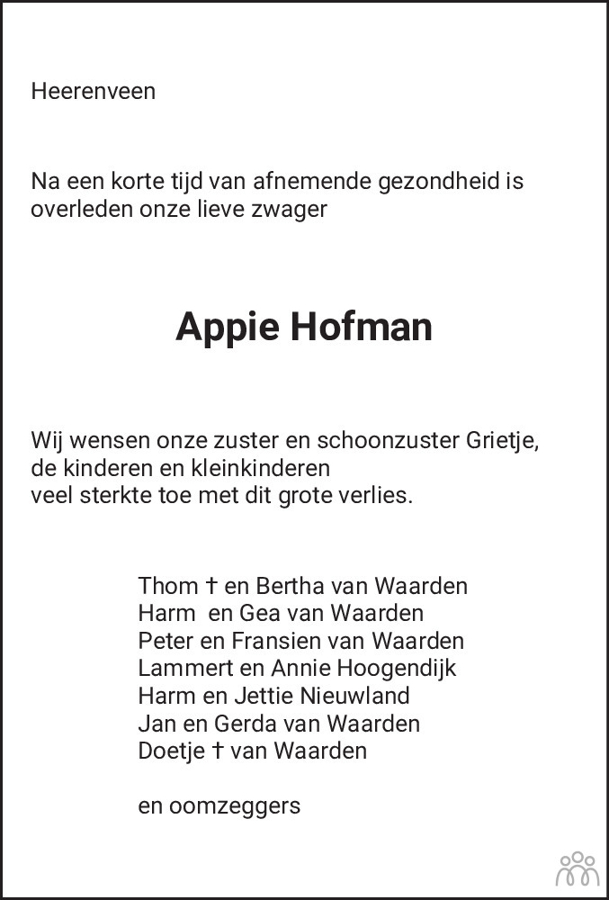 Overlijdensbericht van Appie Hofman in Leeuwarder Courant