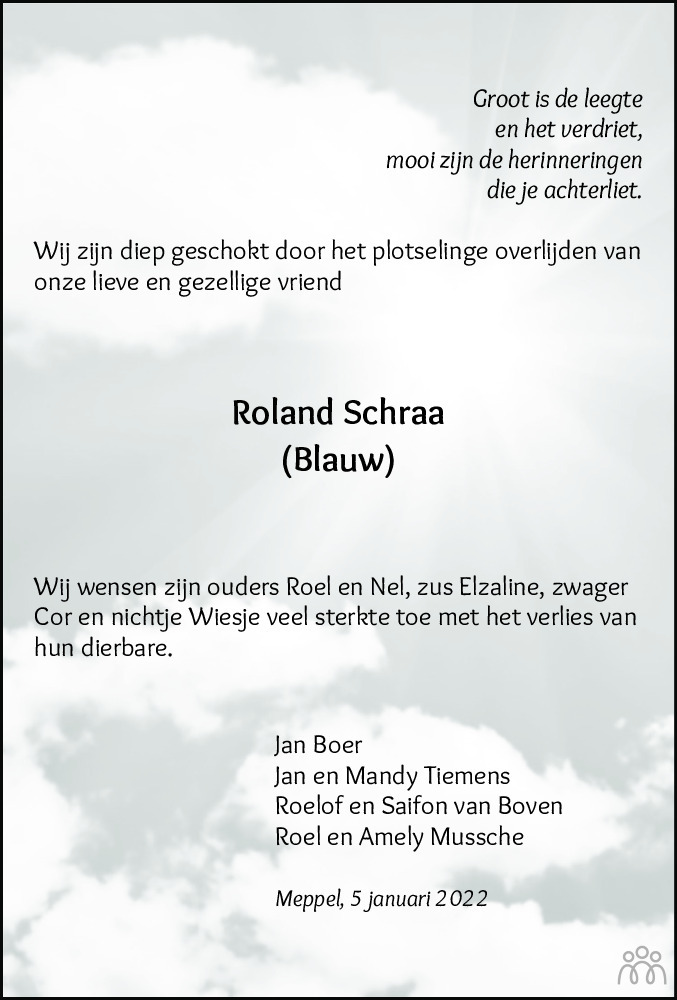 Overlijdensbericht van Roland Schraa in De Staphorster