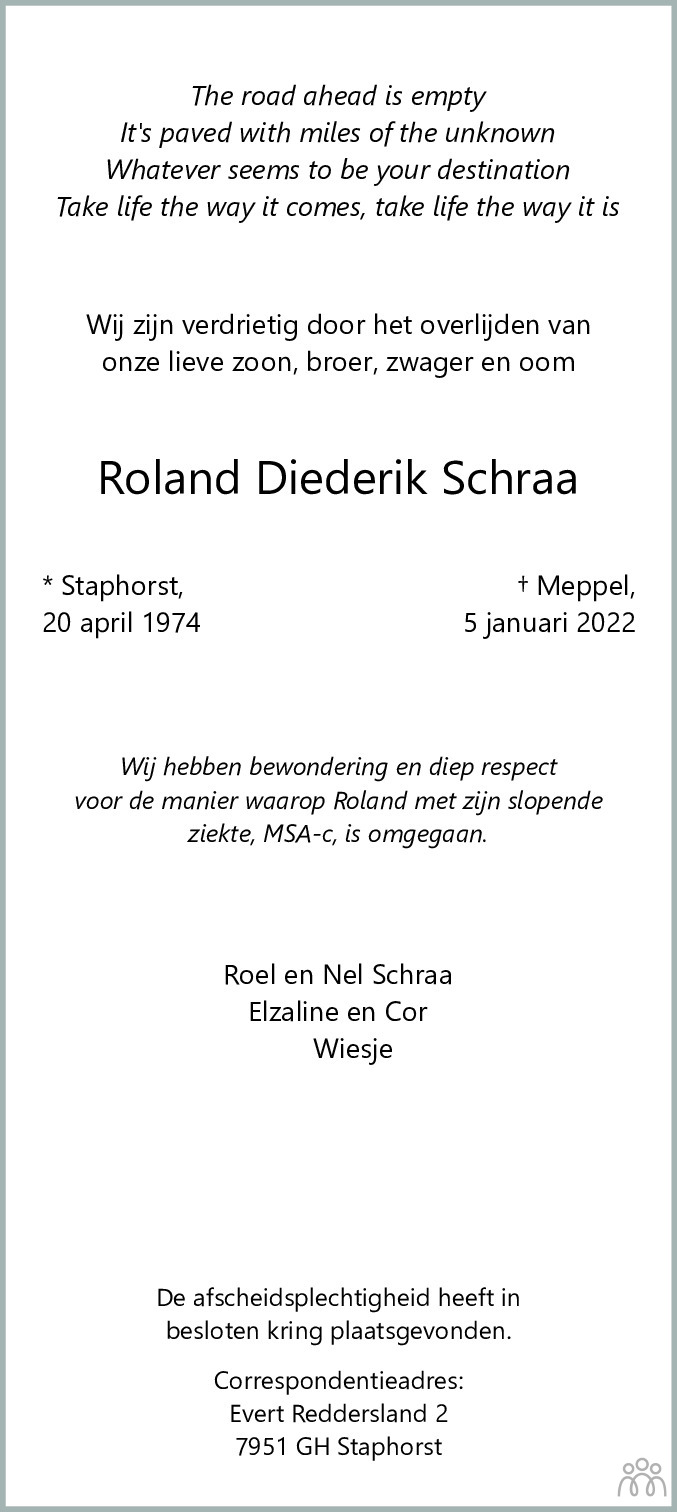 Overlijdensbericht van Roland Schraa in Meppeler Courant