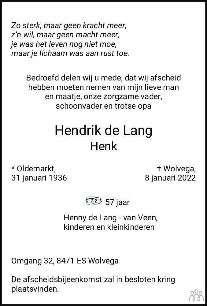 Overlijdensbericht van Henk (Hendrik) de Lang in De Stellingwerf