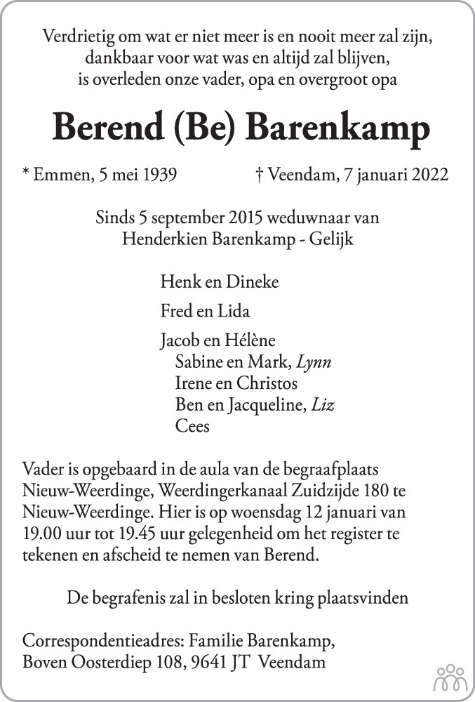 Overlijdensbericht van Berend (Bé) Barenkamp in Dagblad van het Noorden