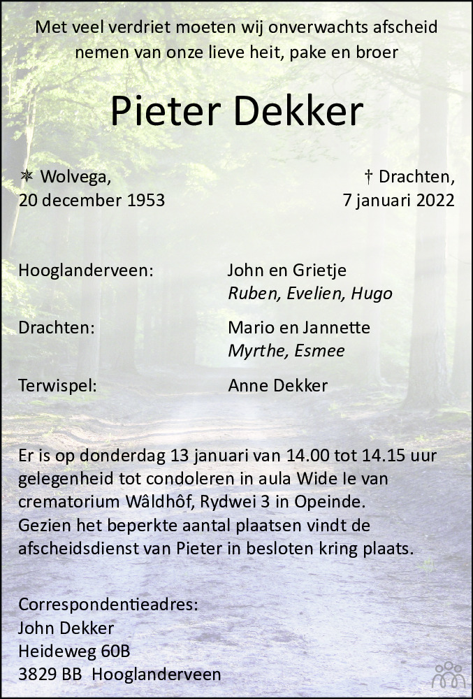 Overlijdensbericht van Pieter Dekker in Leeuwarder Courant