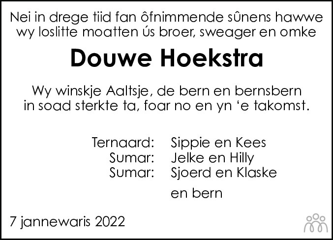 Overlijdensbericht van Douwe Hoekstra in Leeuwarder Courant