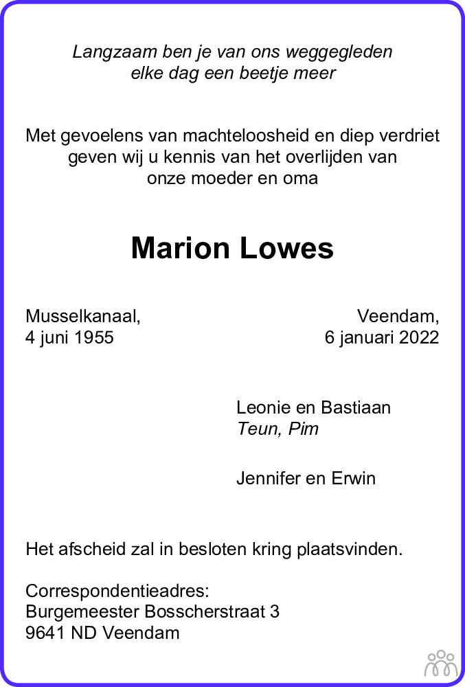 Overlijdensbericht van Marion Lowes in Dagblad van het Noorden