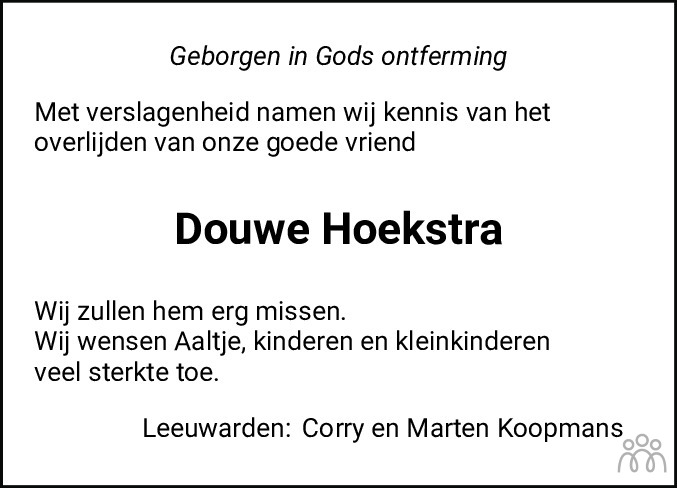 Overlijdensbericht van Douwe Hoekstra in Leeuwarder Courant