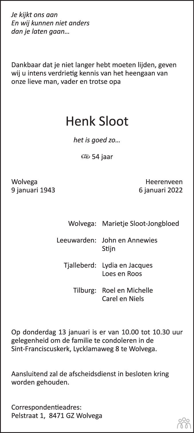 Overlijdensbericht van Henk Sloot in Leeuwarder Courant