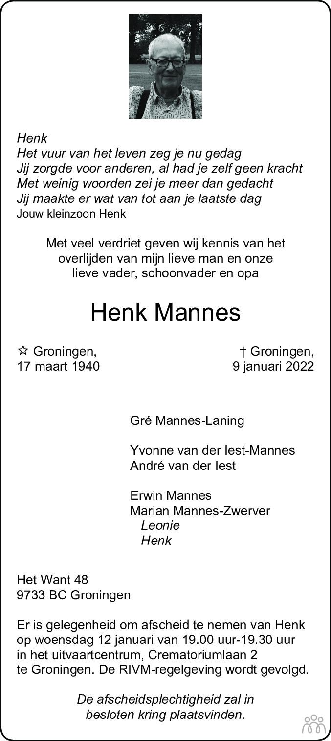 Overlijdensbericht van Henk Mannes in Dagblad van het Noorden