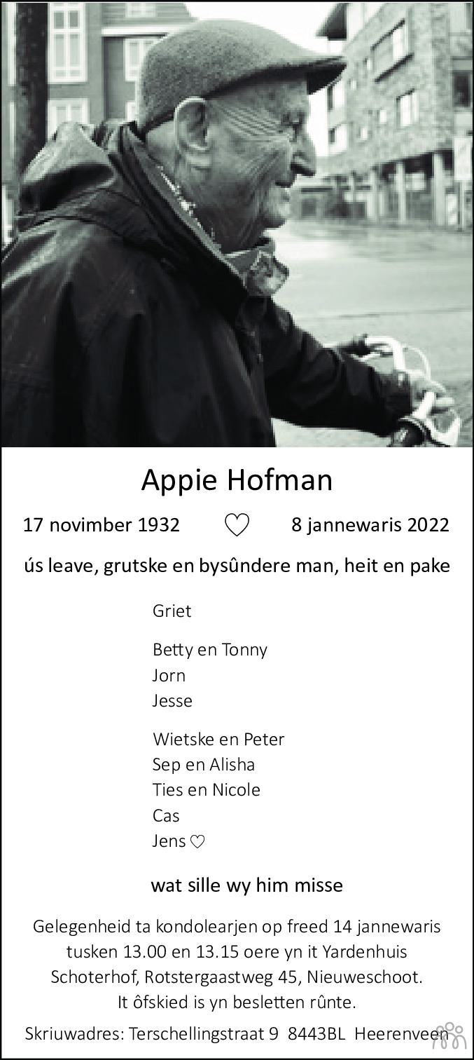 Overlijdensbericht van Appie Hofman in Leeuwarder Courant
