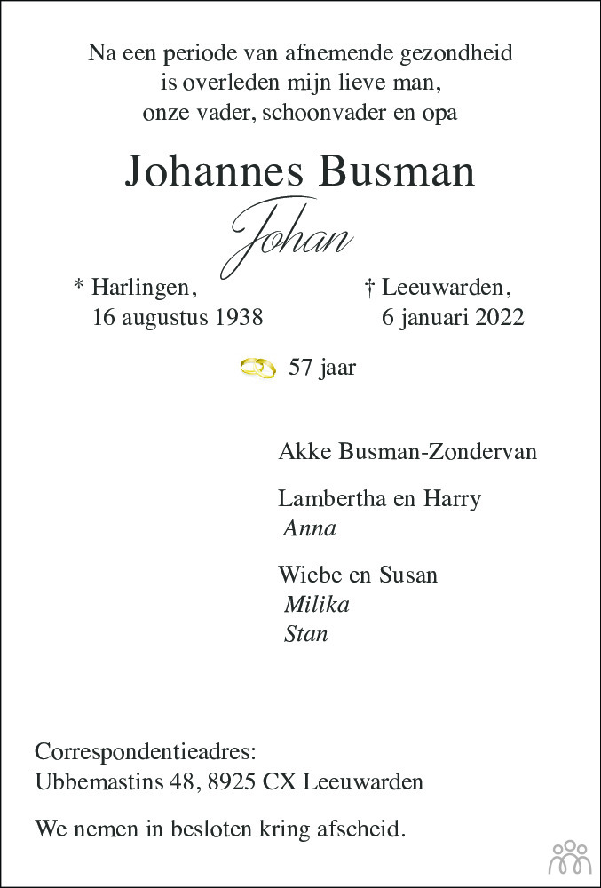 Overlijdensbericht van Johannes (Johan) Busman in Leeuwarder Courant