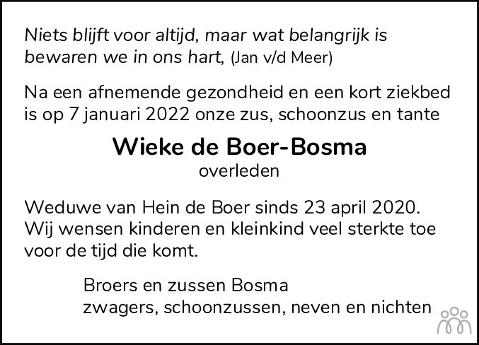 Overlijdensbericht van Wieke de Boer-Bosma in Leeuwarder Courant