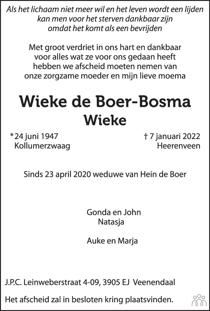 Overlijdensbericht van Wieke de Boer-Bosma in Leeuwarder Courant