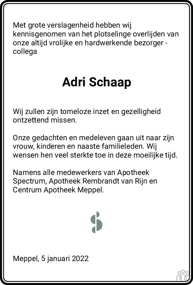Overlijdensbericht van Adri Schaap in Meppeler Courant
