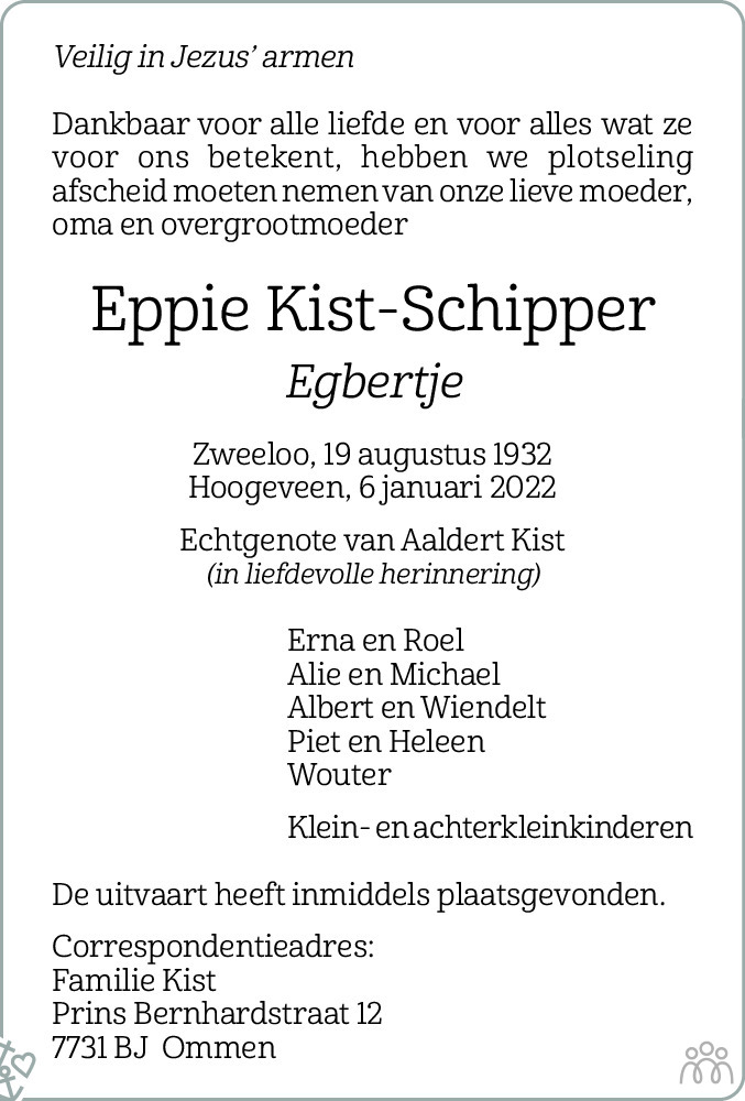 Overlijdensbericht van Eppie (Egbertje) Kist-Schipper in Hoogeveensche Courant