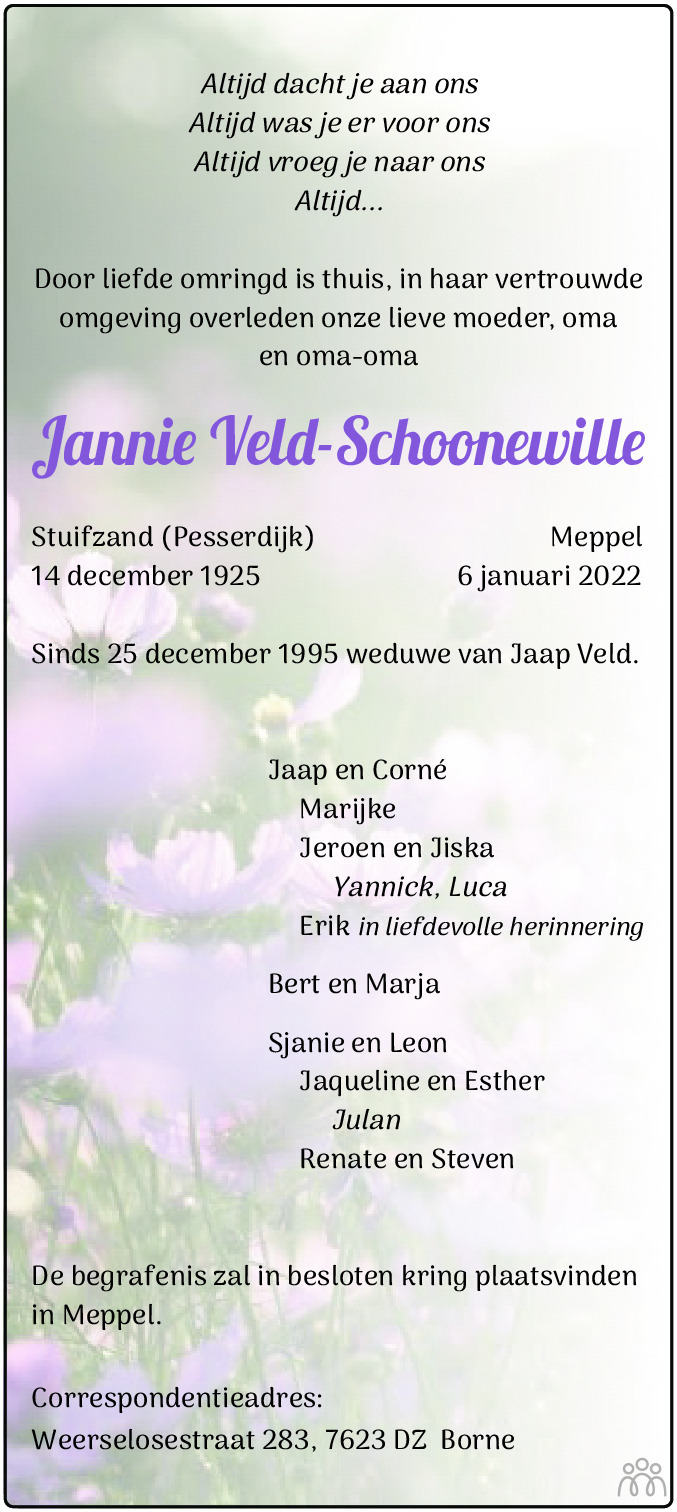 Overlijdensbericht van Jannie Veld-Schoonewille in Hoogeveensche Courant