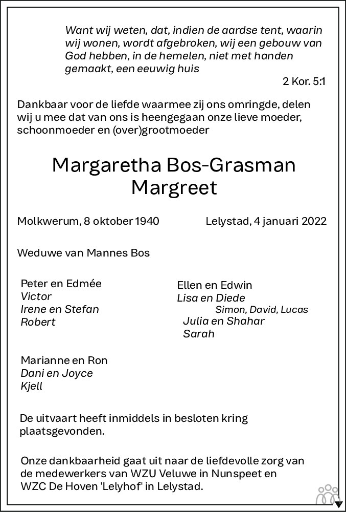 Overlijdensbericht van Margaretha (Margreet) Bos-Grasman in Flevopost Dronten