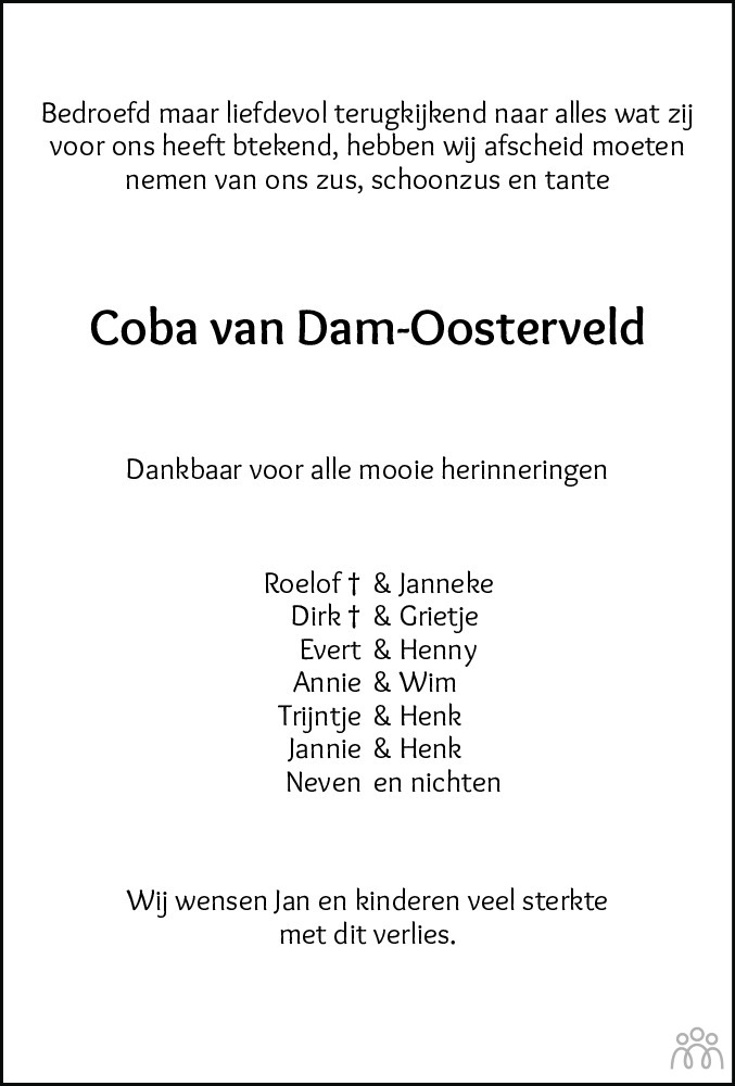 Overlijdensbericht van Jacoba (Coba) van Dam-Oosterveld in Hoogeveensche Courant