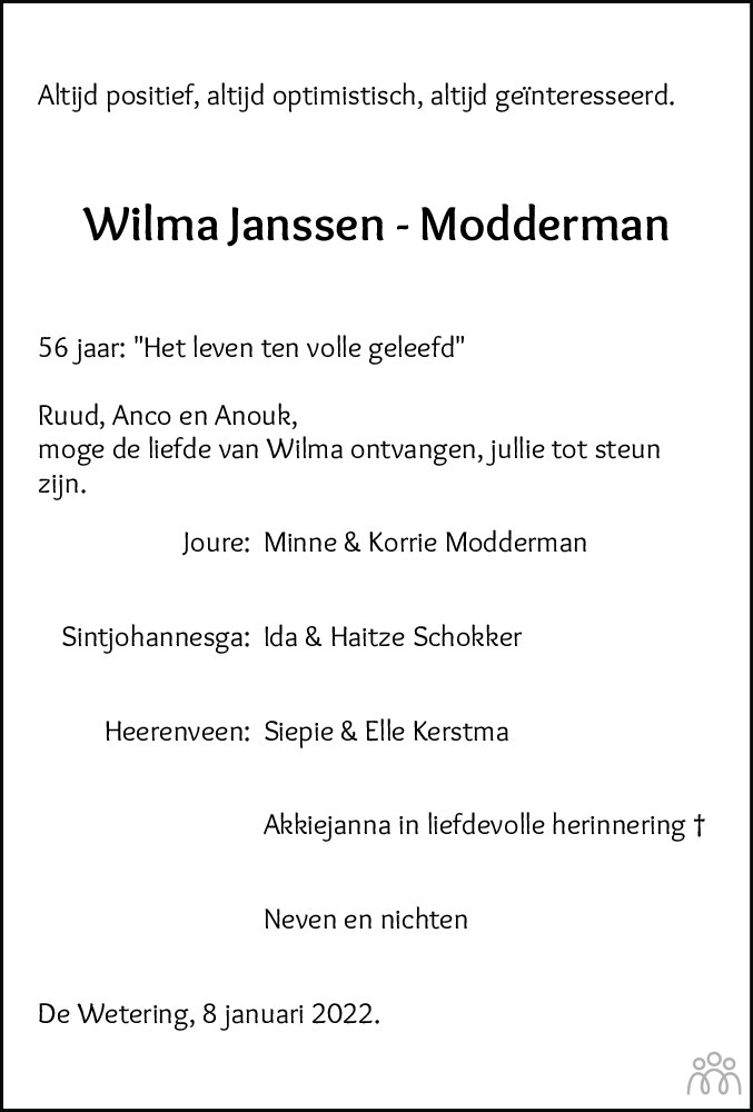 Overlijdensbericht van Wilma Janssen-Modderman in Leeuwarder Courant