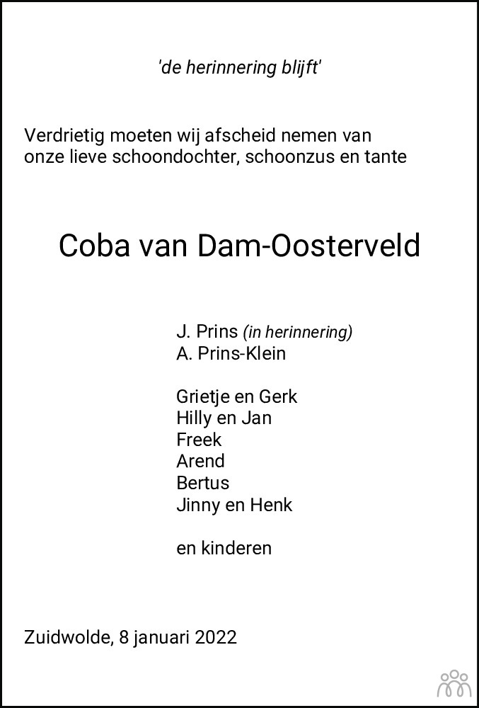 Overlijdensbericht van Jacoba (Coba) van Dam-Oosterveld in Meppeler Courant