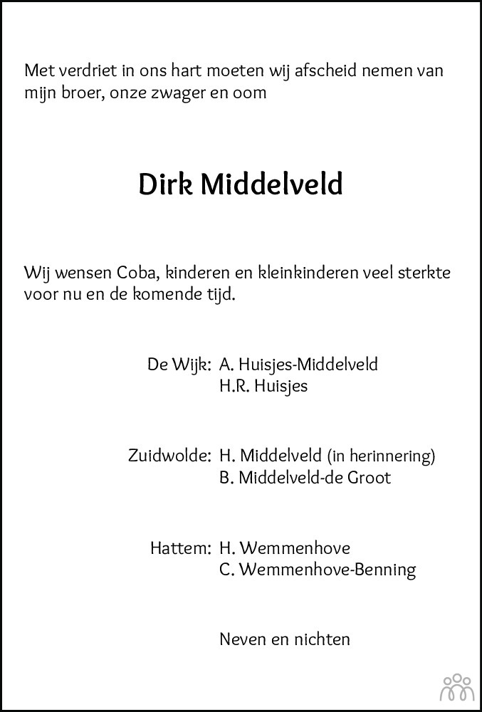 Overlijdensbericht van Dirk Middelveld in Meppeler Courant