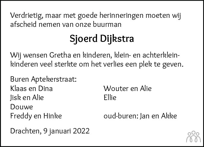 Overlijdensbericht van Sjoerd Jozef Dijkstra in Drachtster Courant