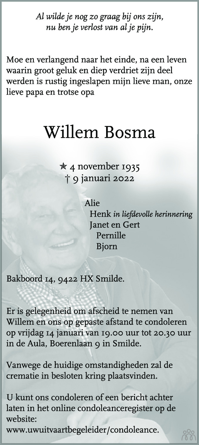 Overlijdensbericht van Willem Bosma in De krant van Midden-Drenthe