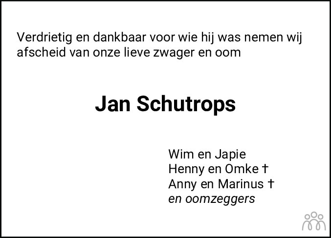 Overlijdensbericht van Jan Schutrops in Noordoostpolder