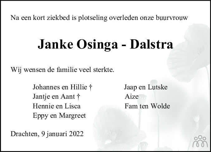 Overlijdensbericht van Janke Osinga-Dalstra in Drachtster Courant