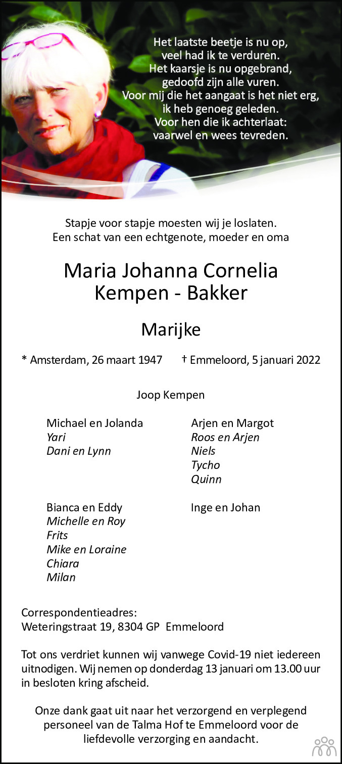 Overlijdensbericht van Maria Johanna Cornelia (Marijke) Kempen-Bakker in Noordoostpolder