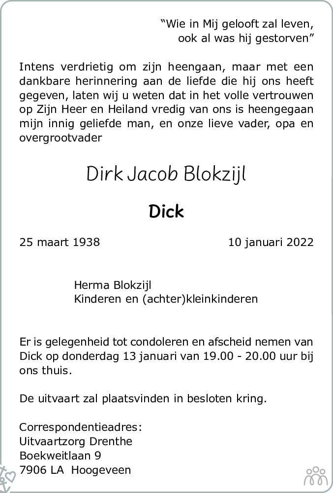 Overlijdensbericht van Dirk Jacob (Dick) Blokzijl in Hoogeveensche Courant