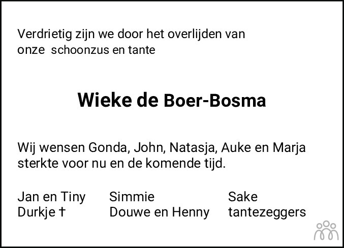 Overlijdensbericht van Wieke de Boer-Bosma in Drachtster Courant