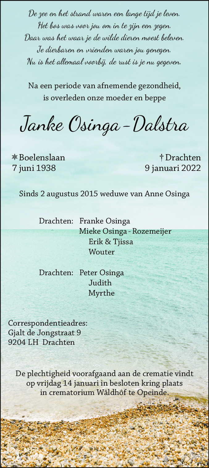 Overlijdensbericht van Janke Osinga-Dalstra in Leeuwarder Courant