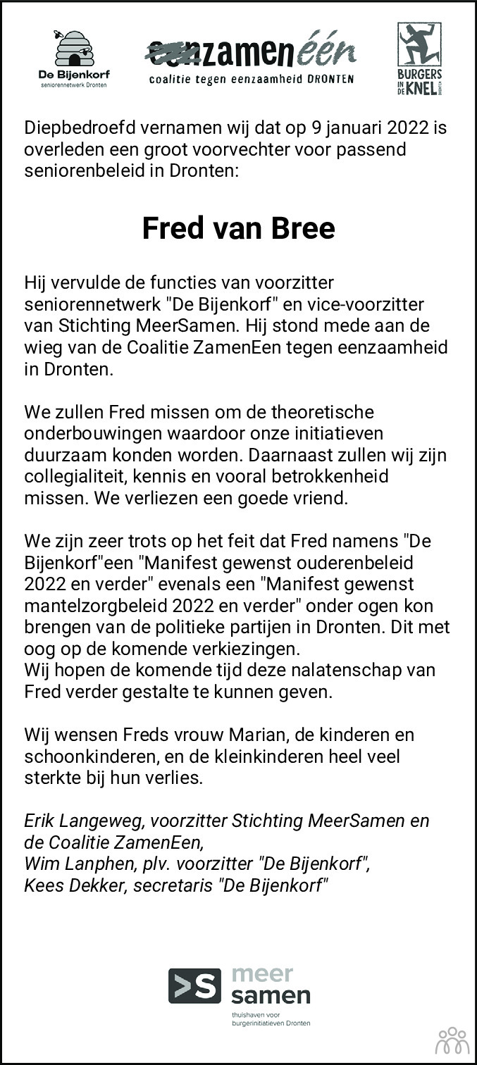 Overlijdensbericht van Fred van Bree in Flevopost Dronten