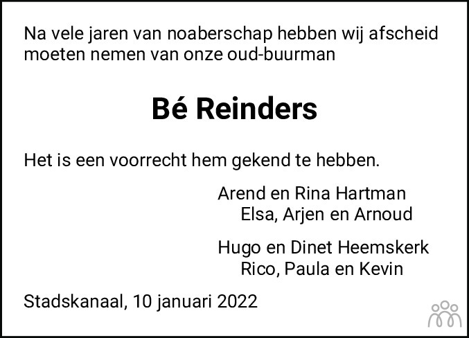 Overlijdensbericht van Berend Reinders in Kanaalstreek Ter Apeler Courant
