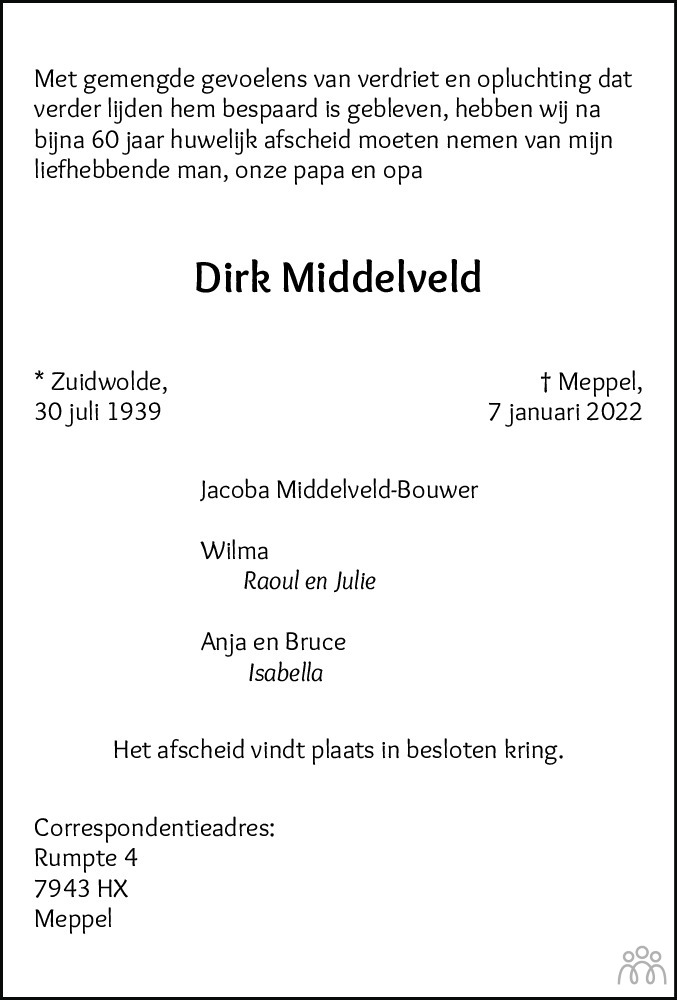 Overlijdensbericht van Dirk Middelveld in Meppeler Courant