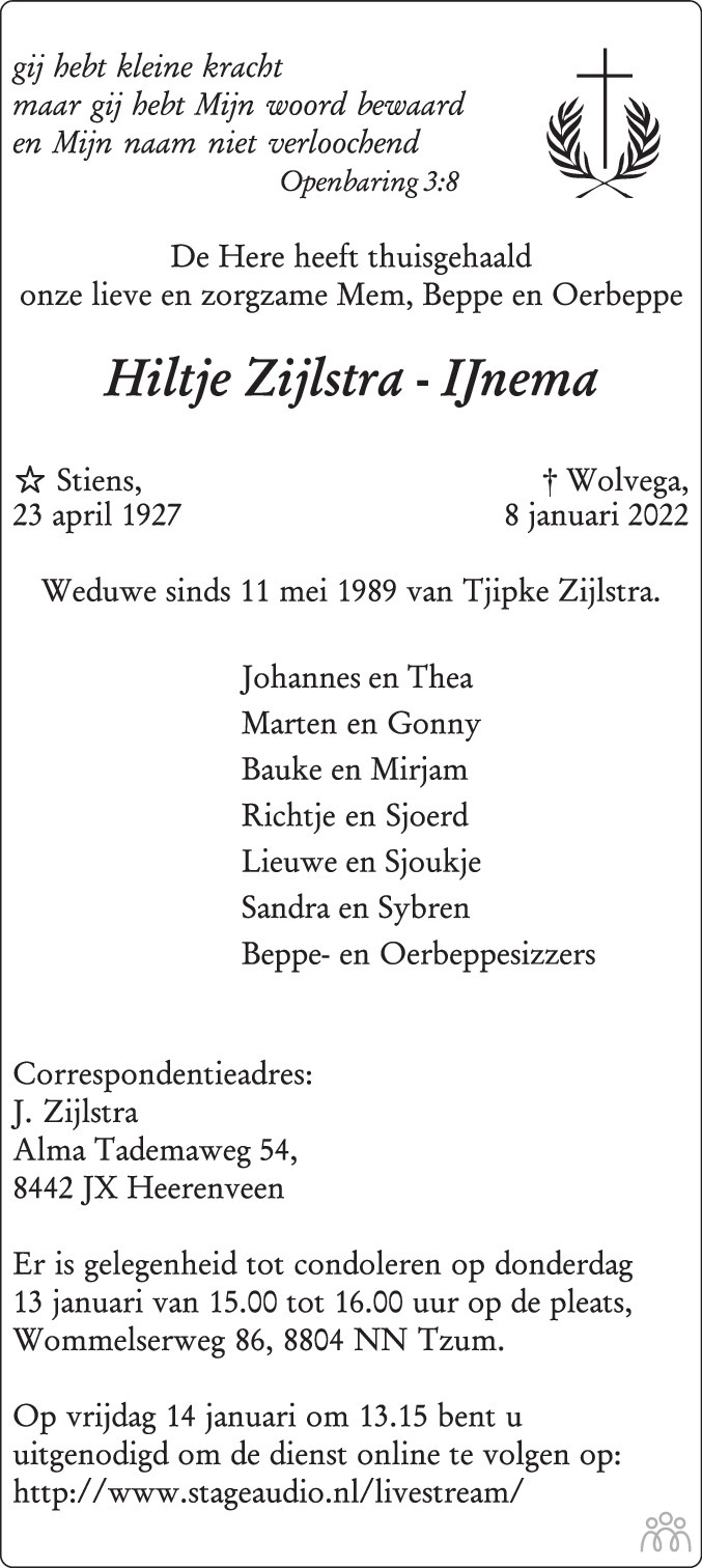 Overlijdensbericht van Hiltje Zijlstra-IJnema in Leeuwarder Courant