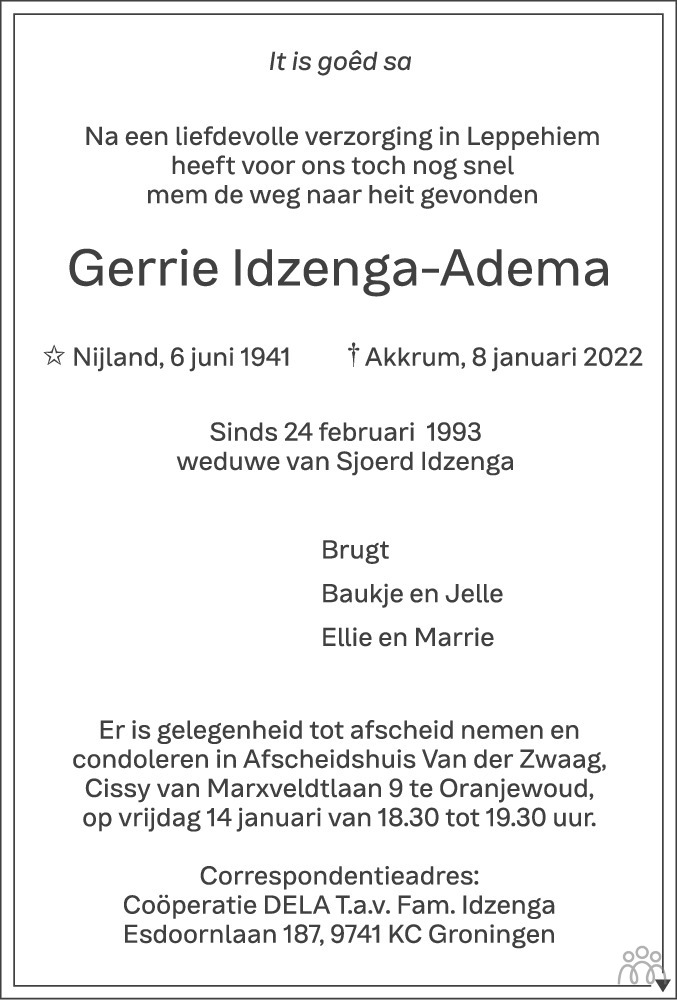 Overlijdensbericht van Gerrie Idzenga-Adema in Leeuwarder Courant
