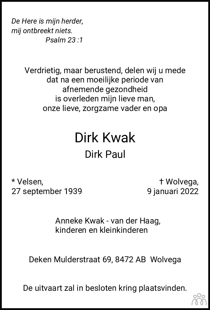 Overlijdensbericht van Dirk (Dirk Paul) Kwak in Friesch Dagblad