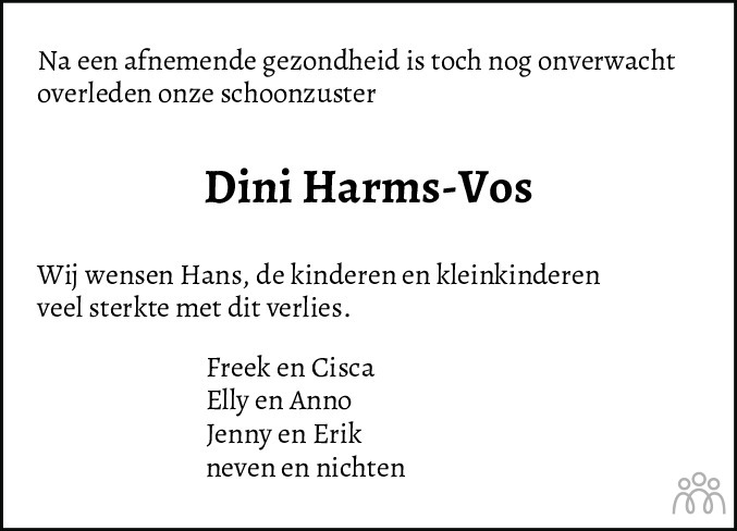 Overlijdensbericht van Gerritdina (Dini) Harms-Vos in Meppeler Courant