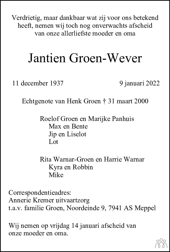 Overlijdensbericht van Jantien Groen-Wever in Meppeler Courant