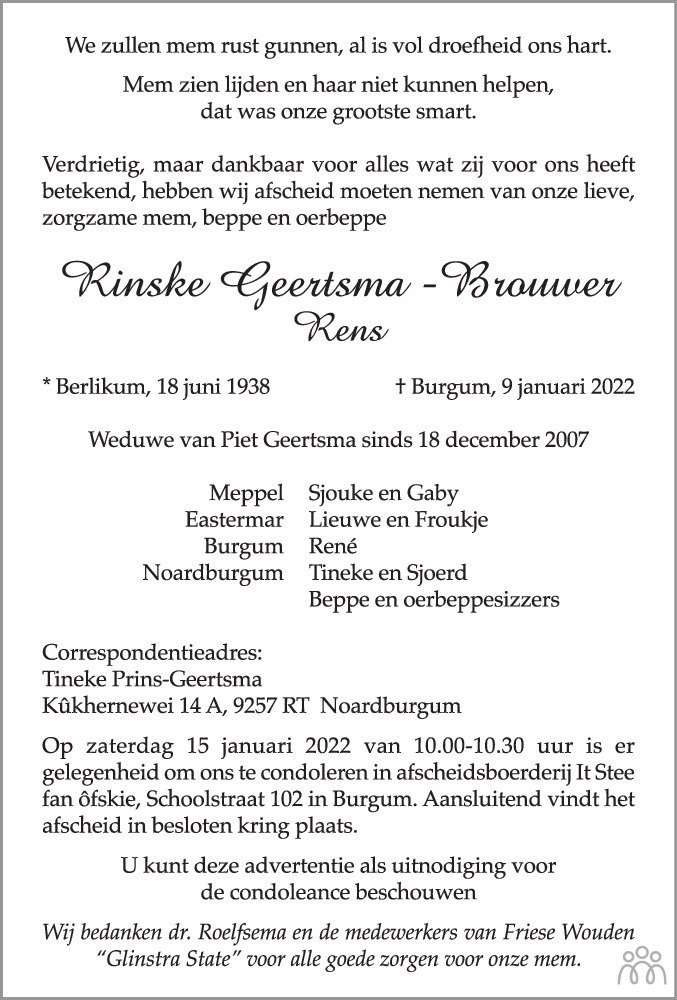 Overlijdensbericht van Rinske (Rens) Geertsma-Brouwer in Leeuwarder Courant
