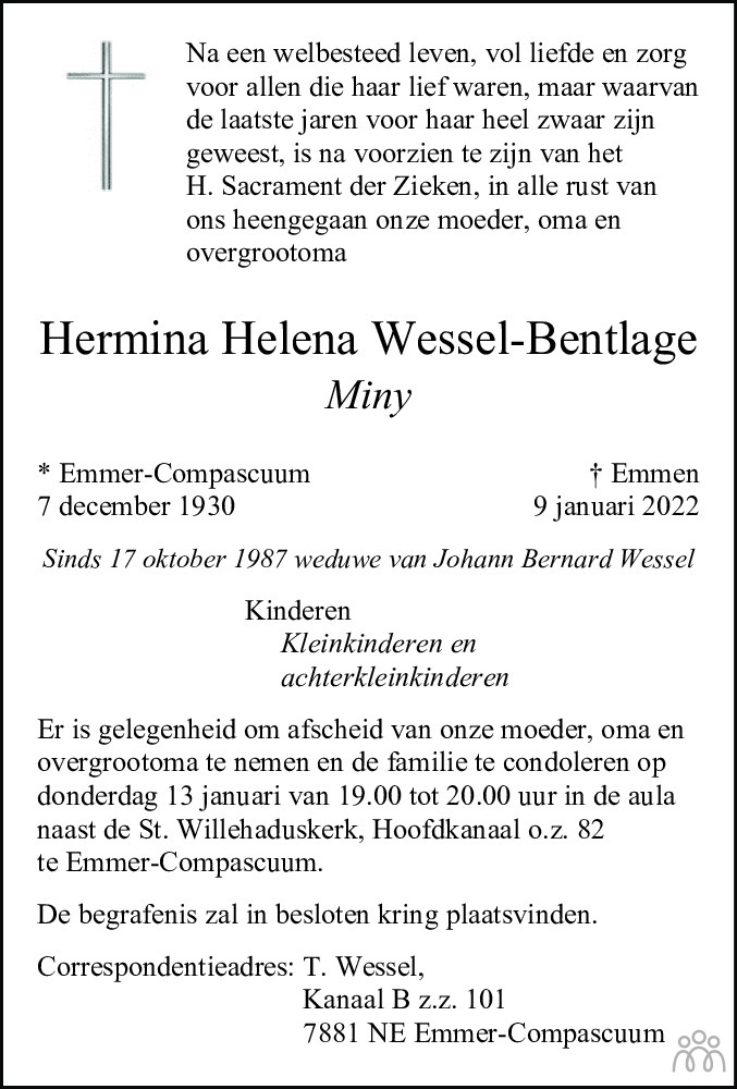 Overlijdensbericht van Hermina Helena (Miny) Wessel-Bentlage in Dagblad van het Noorden