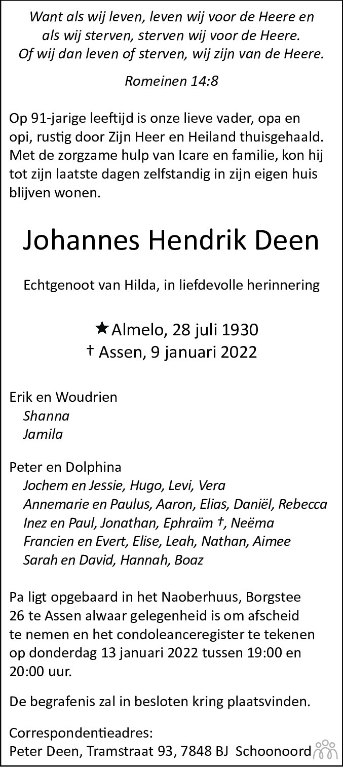 Overlijdensbericht van Johannes Hendrik Deen in Dagblad van het Noorden