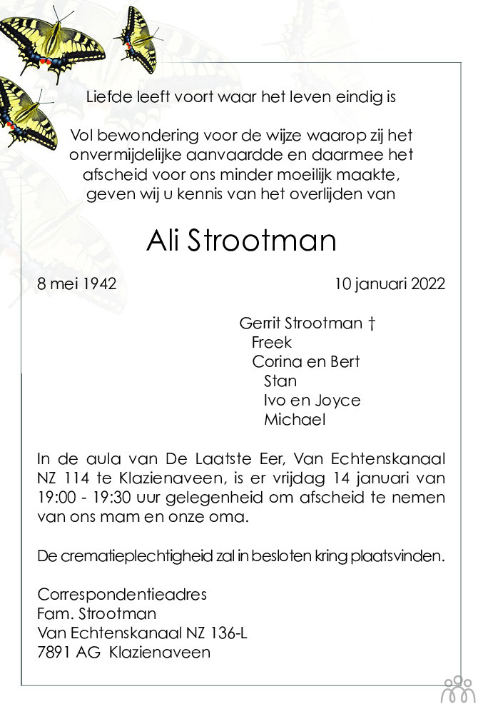 Overlijdensbericht van Ali Strootman in Dagblad van het Noorden