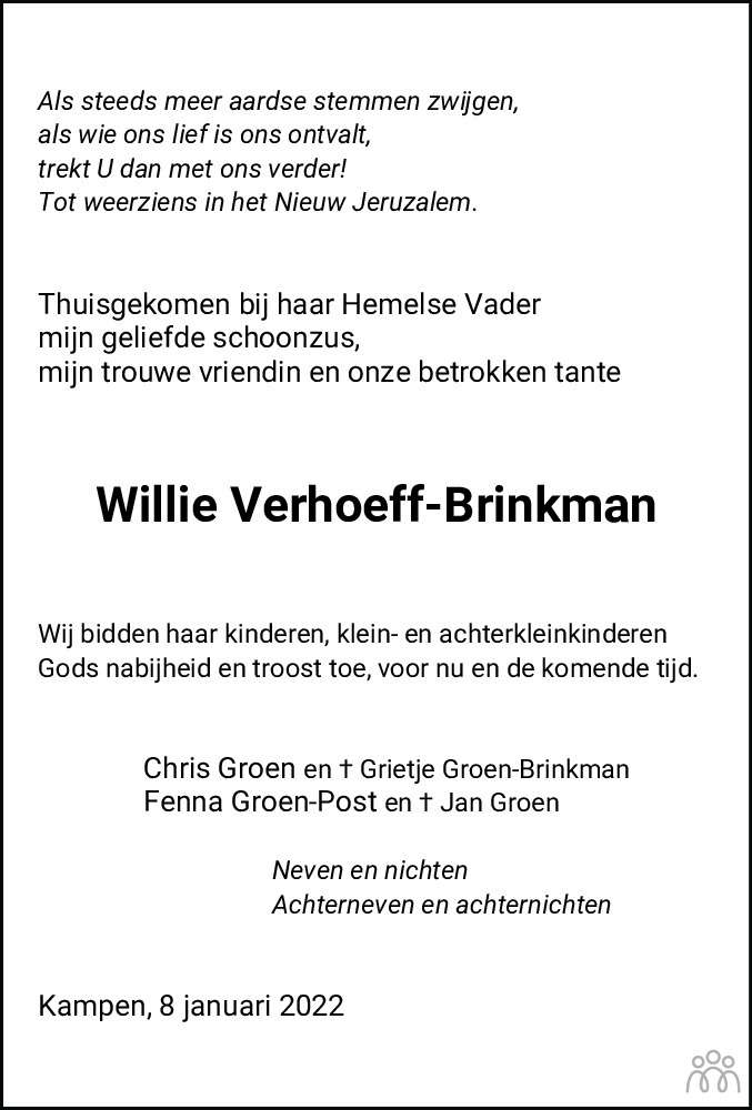 Overlijdensbericht van Wilhelmina (Willy) Verhoeff-Brinkman in Meppeler Courant