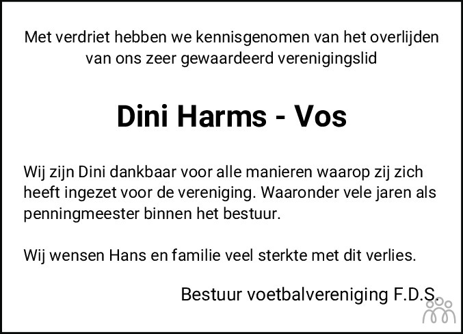 Overlijdensbericht van Gerritdina (Dini) Harms-Vos in Meppeler Courant
